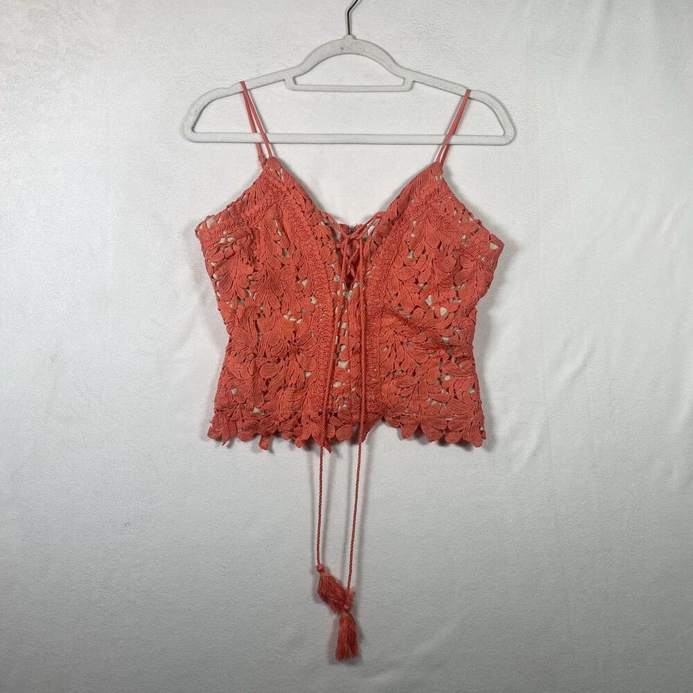 Willow Root Lace Crochet Tank Top Coral Orange Size M Adjustable Straps Back Zip